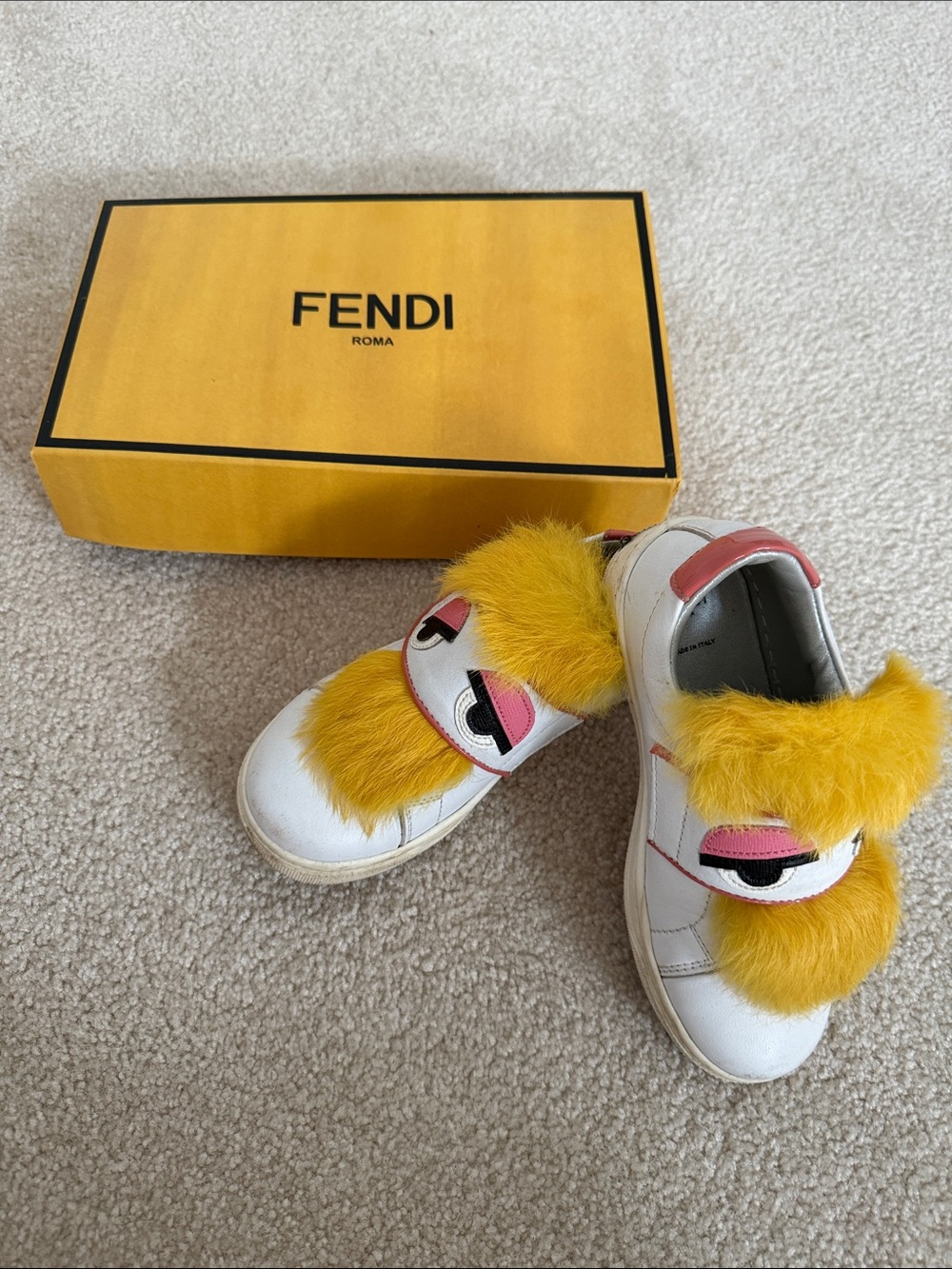 Fendi Kids White Leather Sneakers with Yellow Fur Accent USED 29